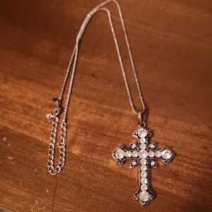 Chunky Silver Colored Cross Pendant Necklace With Glass Rhinestones